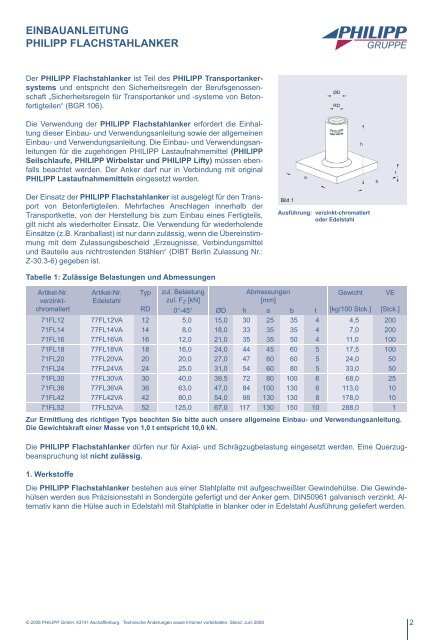 PHILIPP Flachstahlanker Einbauanleitung - PHILIPP Gruppe