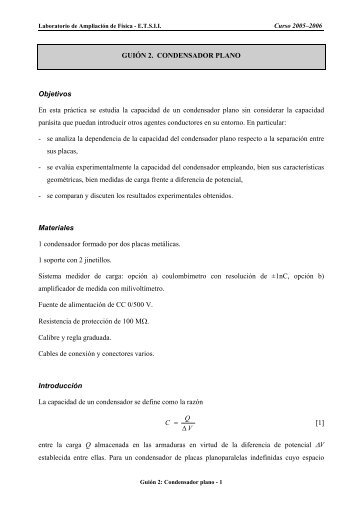 GUIÃN 2. CONDENSADOR PLANO Objetivos En ... - Laser.uvigo.es