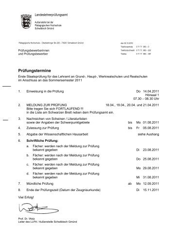 Prüfungstermine - Pädagogische Hochschule - Schwäbisch Gmünd