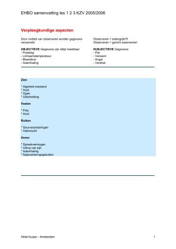 EHBO samenvatting les 1 2 3 KZV 2005/2006 Verpleegkundige ...