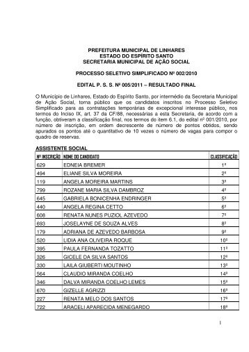 resultado do processo seletivo da aÃ§Ã£o social - Linhares