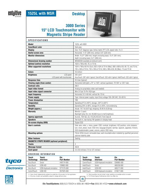 Elo U.S. Touchmonitor Catalog - Tek Solutions