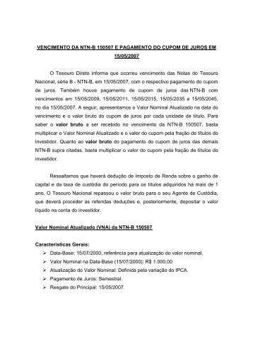 vencimento e pagamento de juros ntnb 15052007 - Tesouro Nacional