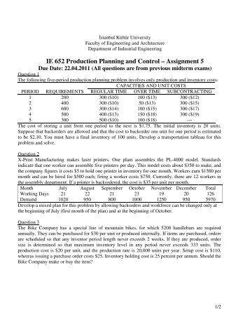 IE 652 Production Planning and Control – Assignment 5