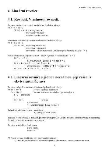 4. LineÃ¡rnÃ­ rovnice 4.1. Rovnost. Vlastnosti rovnosti. 4.2. LineÃ¡rnÃ­ ...