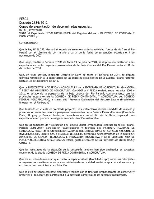 Decreto 2684-2012 - Ministerio de Agricultura, GanaderÃ­a y Pesca