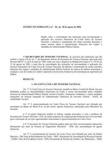 Instrução Normativa STN nº 04, de 30/08/2004 - Tesouro Nacional