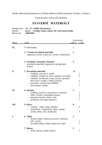 StavebnÃ­ materiÃ¡ly - SOÅ  prÅ¯myslovÃ¡ a SOU strojÃ­renskÃ© - ProstÄjov