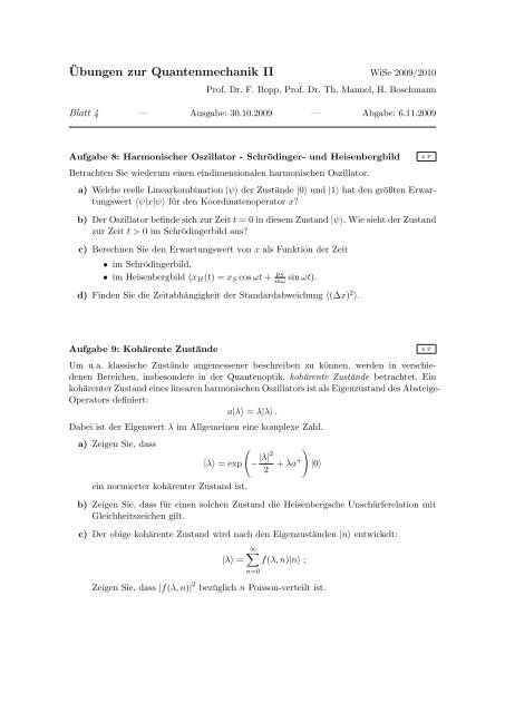 Â¨Ubungen zur Quantenmechanik II - Theoretische Physik 1