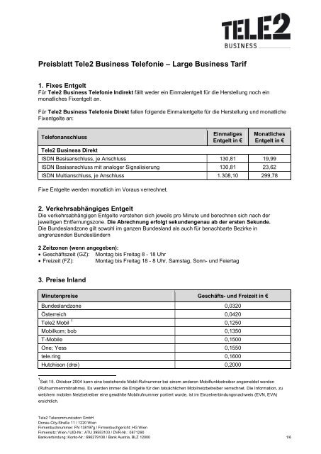 Preisblatt Tele2 Business Telefonie – Large Business Tarif