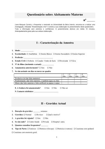 QuestionÃ¡rio sobre Aleitamento Materno nÂº _____ - Ubi Thesis