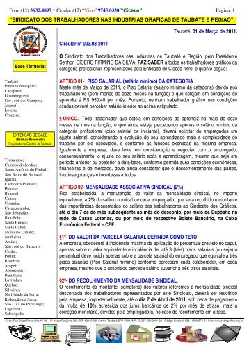 Taubaté, 01 de Março de 2011. Circular nº 003.03-2011 O Sindicato ...