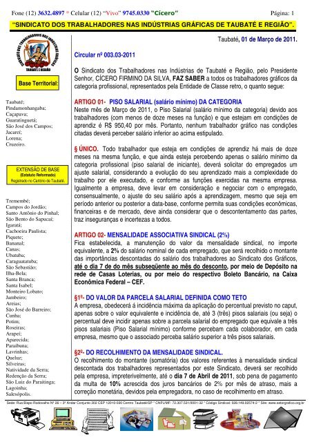 Taubaté, 01 de Março de 2011. Circular nº 003.03-2011 O Sindicato ...