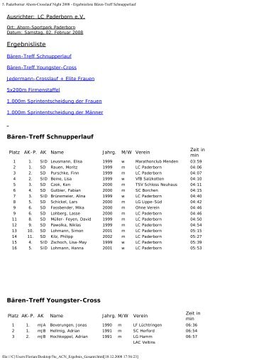 5. Paderborner Ahorn-Crosslauf Night 2008 - Ergebnisliste Bären ...