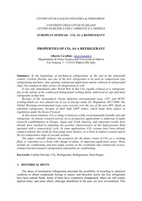 PROPERTIES OF CO2 AS A REFRIGERANT - Centro Studi Galileo