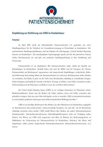 Handlungsempfehlung - AktionsbÃ¼ndnis Patientensicherheit