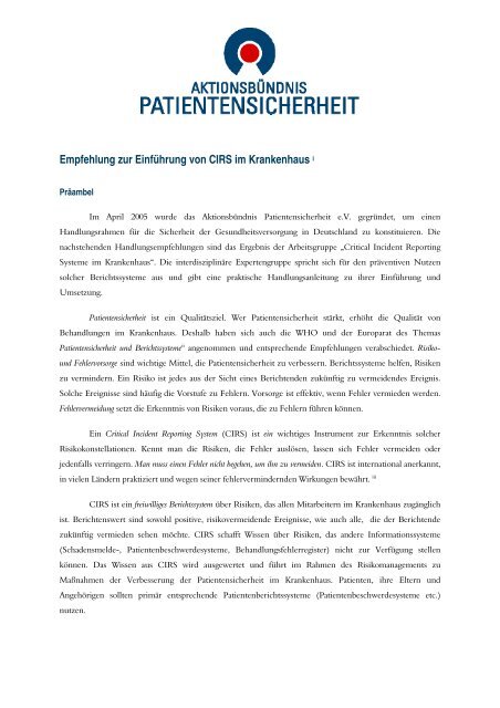 Handlungsempfehlung - AktionsbÃ¼ndnis Patientensicherheit