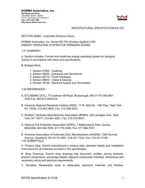 Specifications Eastern Door Service