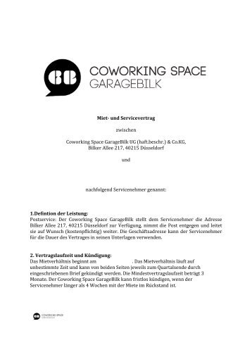 Miet- und Servicevertrag zwischen Coworking Space GarageBilk UG