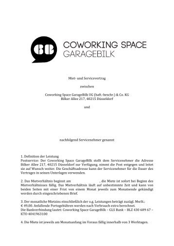 GeschÃ¤ftsadresse Mietvertrag - Coworking Space GarageBilk