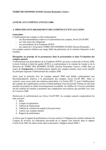 (Section Romande), GenÃ¨ve ANNEXE AUX COMPTES ANNUELS ...