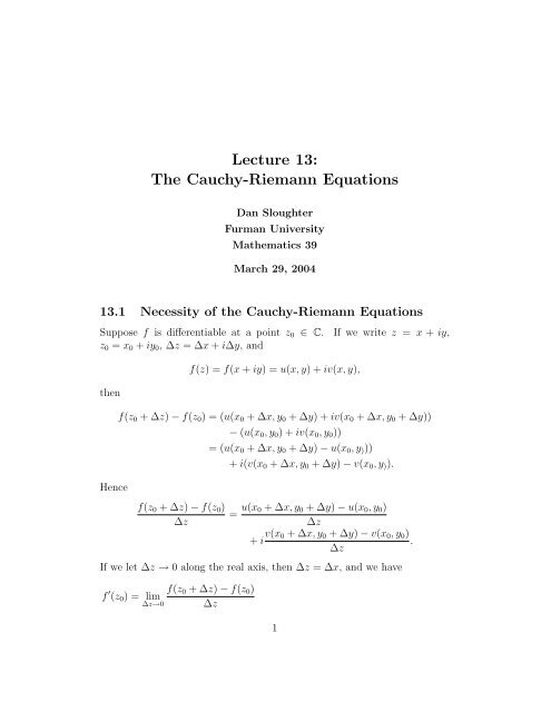 Lecture 13: The Cauchy-Riemann Equations - Furman University