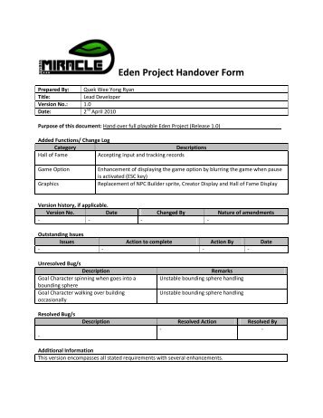 Eden Project Handover Form - Wikia