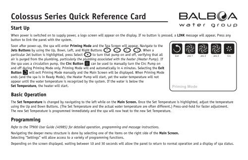 Colossus Series Quick Reference Card - Balboa Water Group