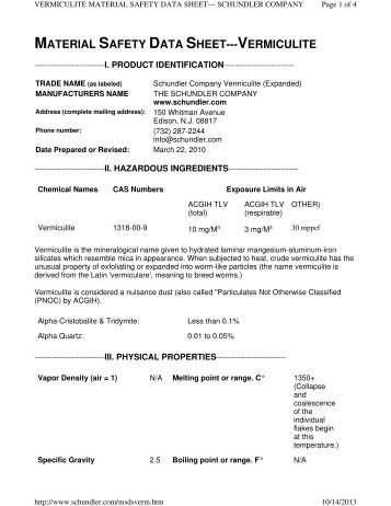 MATERIAL SAFETY DATA SHEET--- VERMICULITE