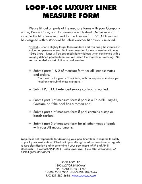 loop-loc luxury liner measure form - Bel-Aqua Pool Supply, Inc.