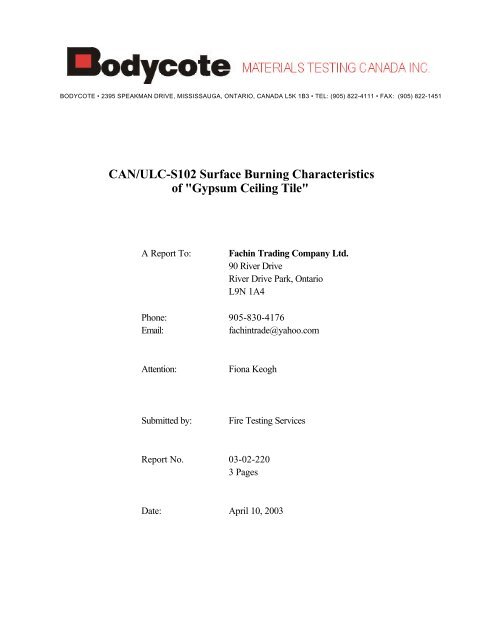 CAN/ULC-S102 Surface Burning Characteristics of &quot;Gypsum 