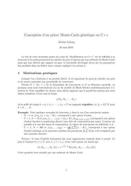 Conception d'un pricer Monte-Carlo gÃ©nÃ©rique en C++ - Ensiwiki