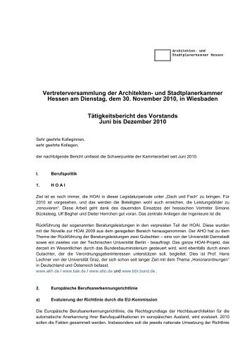 Bericht vom 30. November 2010 - Informationen - Architekten- und ...