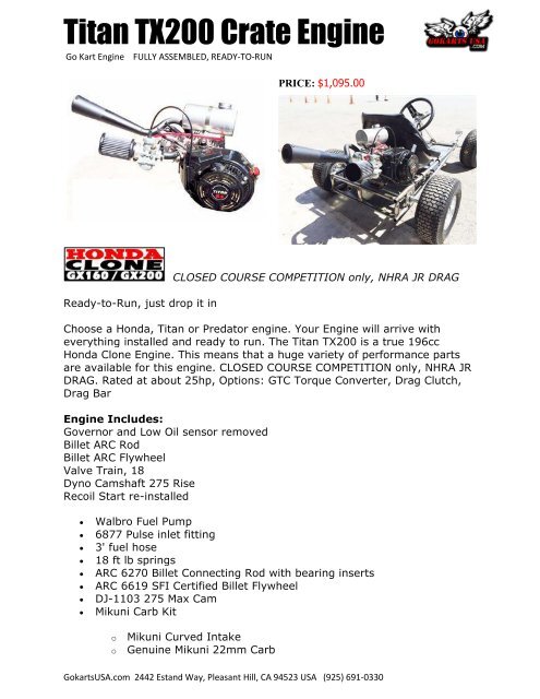 Titan TX200E 6.5hp eStart OHV Powersport Engine, Go Kart Mini Bike