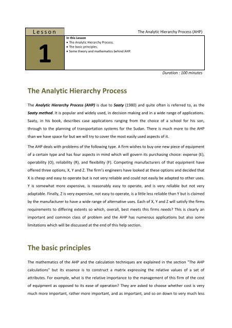 The Analytic Hierarchy Process The basic principles