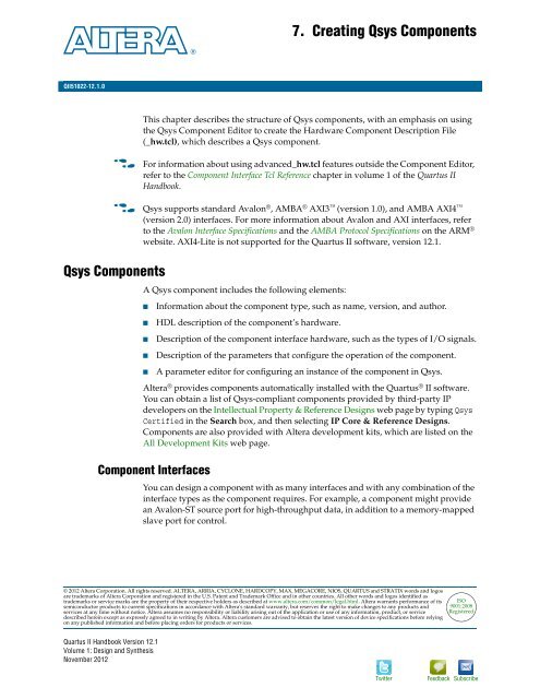 Creating Qsys Components, Quartus II 12.0 Handbook, Volume 1