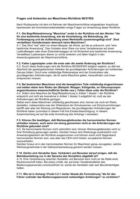 Fragen und Antworten zur Maschinen-Richtlinie 98/37/EG