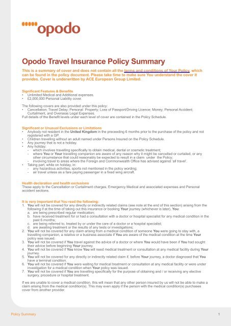 Opodo Travel Insurance Policy Summary
