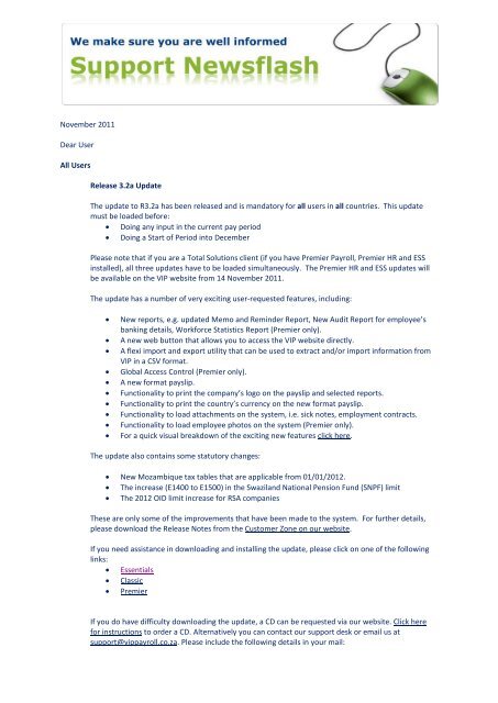November 2011 Dear User All Users Release 3.2a ... - VIP Payroll