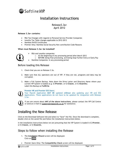 Installation Instructions - Sage VIP Payroll