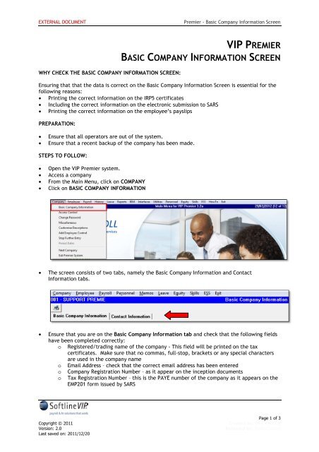 Premier - Basic Company Information Screen - VIP Payroll