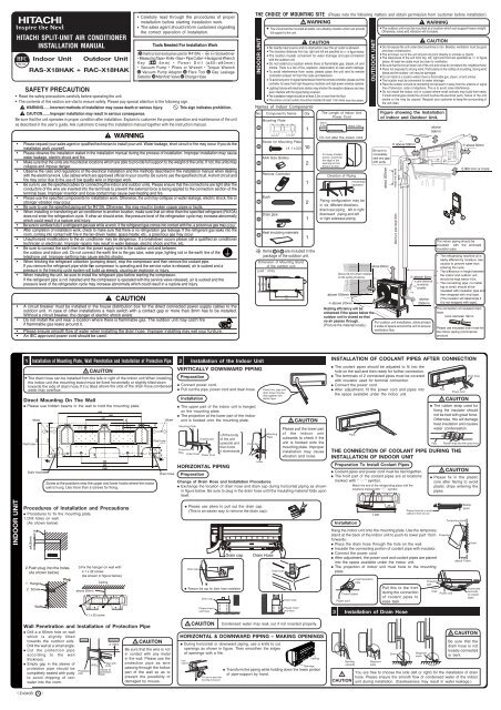 hitachi split-unit air conditioner installation manual safety precaution ...