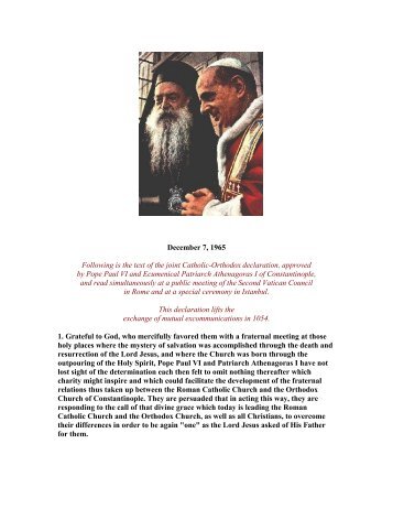 The Common Declaration of Patriarch Athenagoras and Pope Paul VI