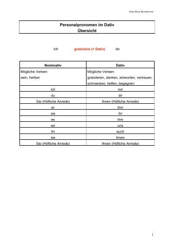 Personalpronomen im Dativ Ãbersicht