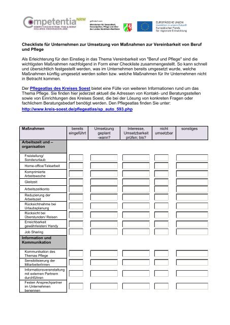 Checkliste fÃ¼r Unternehmen zur Vereinbarkeit von Beruf und Pflege