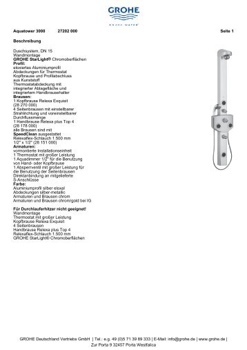 Beschreibung Duschsystem, DN 15 Wandmontage GROHE StarLight