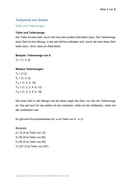 Teilbarkeit Von Zahlen Als Pdf Speichern Mathematik Wissen De