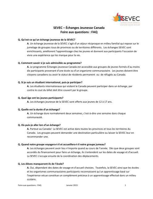 Sevec A A Changes Jeunesse Canada Foire Aux Questions Faq
