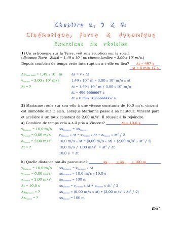 Chapitre 2, 3 & 4: CinÃ©matique, force & dynamique Exercices de ...