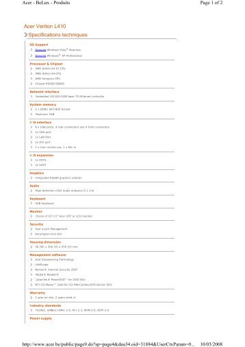 Acer Veriton L410 Specifications techniques